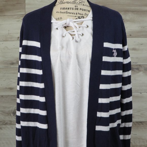 U.S. Polo‎ Assn.* Women's 2 Piece Set Cardigan Sweater Navy/White Blouse~ Medium - Picture 1 of 14